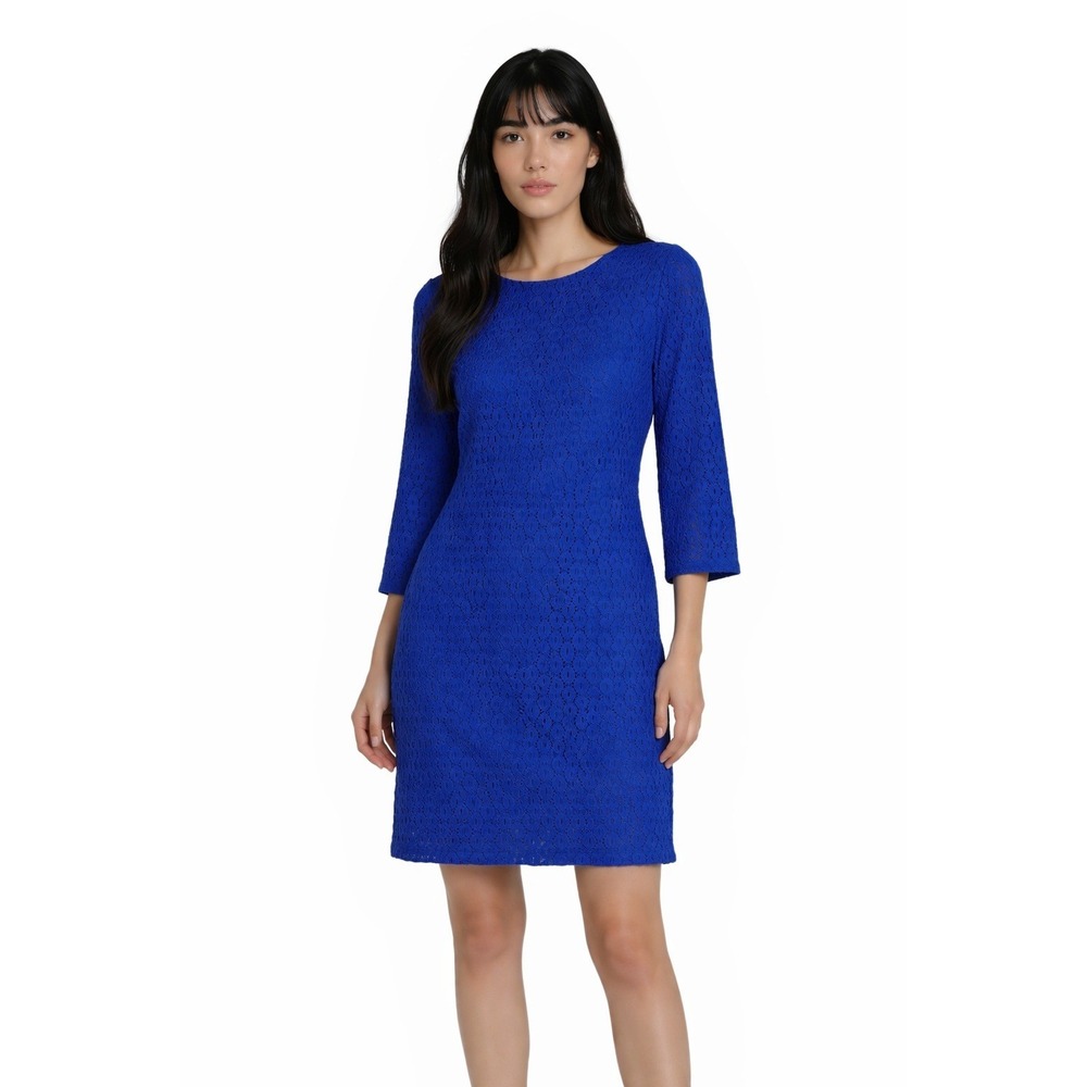 Chico's Women's Size 1 US Medium Royal‎ Blue Eyelet Lace Bell Sleeve Shift Dress